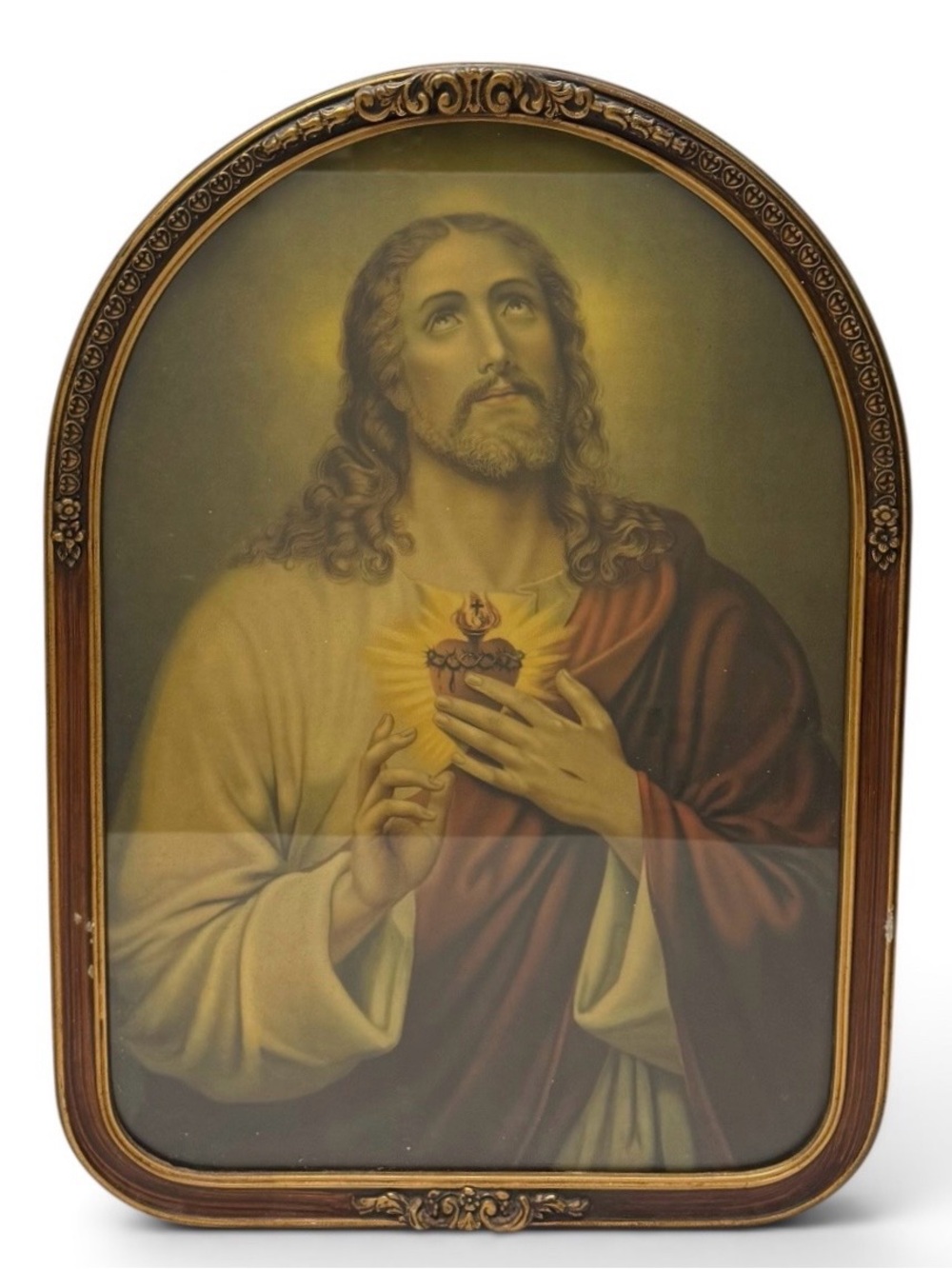 Vintage Sacred Heart of Jesus Print Arch Curved Framed Glass Front 21 1/2”